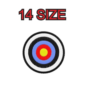 Peut inclure: Un patch brodé en forme de cible, en blanc, noir, bleu, rouge et jaune, avec le texte "14 SIZE" au-dessus.