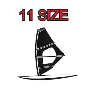 Könnte beinhalten: Schwarze und weiße Silhouette eines Windsurfsegel und -bretts. Das Bild enthält den Text "11 SIZE".