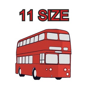 Peut inclure: Un bus à impériale rouge avec l'inscription 11 SIZE au-dessus.