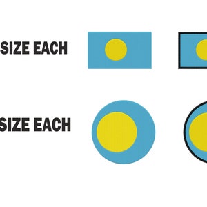 May include: Six different sizes of a yellow circle on a blue background, and five different sizes of a yellow circle with a blue ring around it. The text "6 SIZE EACH" and "5 SIZE EACH" is shown above the images.