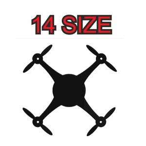 May include: Black silhouette of a drone with four propellers. The text "14 SIZE" is above the drone.