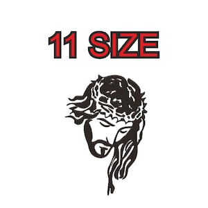 Pode incluir: Silhueta em preto e branco de Jesus Cristo com uma coroa de espinhos. A imagem inclui o texto "11 SIZE".