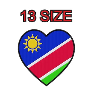May include: A heart-shaped embroidered patch featuring the flag of Namibia with a blue field, a yellow sun, a red diagonal stripe, and green and white borders. The text 13 SIZE is printed in black with a red outline above the heart-shaped patch.