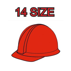 Peut inclure: Casque de chantier rouge avec une visière noire et une bande noire au centre. Le casque est marqué "14 SIZE".