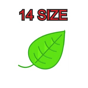 Peut inclure: Une feuille verte avec une seule nervure qui descend au centre. Le texte "14 SIZE" est au-dessus de la feuille.