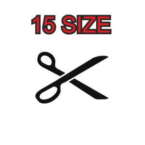 May include: Black scissors with a red outline, with the text "15 SIZE" above the scissors.