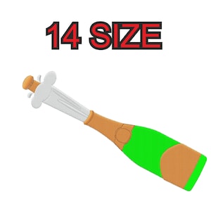 Peut inclure: Une bouteille de champagne verte et brune avec un bouchon qui saute. Le texte "14 SIZE" est au-dessus de la bouteille.