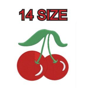 Peut inclure: Broderie de deux cerises rouges avec des tiges et des feuilles vertes. Le motif est intitulé "14 SIZE".