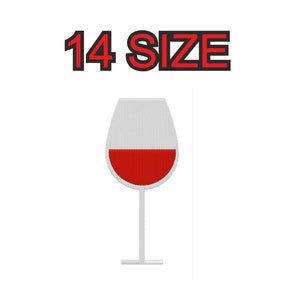 Può includere: Un bicchiere di vino rosso con gambo e base bianchi. Il testo "14 SIZE" è sopra il bicchiere.