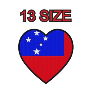 May include: A heart-shaped embroidered patch featuring the flag of Samoa with a blue canton, five white stars, and a red field. The patch has a black stitched border. The text 13 SIZE is printed in black with a red outline above the heart.