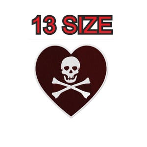 May include: A red heart-shaped patch with a white skull and crossbones design. The text "13 SIZE" is above the patch.