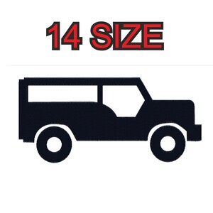Peut inclure: Silhouette noire d'un véhicule tout-terrain à quatre roues motrices avec deux portes et de grands pneus. Au-dessus du véhicule, le texte "14 SIZE" en lettres rouges avec un contour noir.