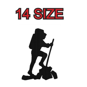 Peut inclure: Silhouette noire d'un randonneur avec un sac à dos, marchant sur un sentier rocheux avec un bâton de marche. Le texte "14 SIZE" est au-dessus de l'image.