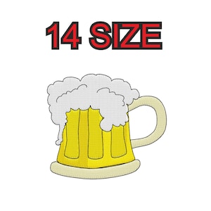 Peut inclure: Une illustration de dessin animé d'une chope à bière avec de la mousse blanche sur le dessus. La chope est jaune avec une anse blanche. Le texte "14 SIZE" est au-dessus de la chope.