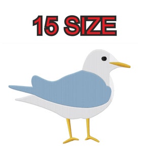 May include: A cartoon-style seagull with a white head and belly, light blue wings, and yellow beak and legs. The text "15 SIZE" is above the bird in red and black.