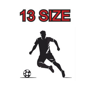 Peut inclure: Silhouette d'un joueur de football en train de tirer un ballon de football. Le texte "13 SIZE" est au-dessus du joueur.