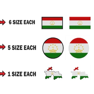 Peut inclure: Un ensemble de clipart numérique représentant le drapeau du Tadjikistan dans différents styles. Il y a six drapeaux rectangulaires, cinq drapeaux circulaires et un contour du pays avec le drapeau à l'intérieur. Le texte "6 SIZE EACH", "5 SIZE EACH" et "1 SIZE EACH" est inclus dans l'image.