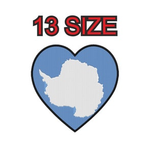 May include: A blue heart-shaped design with a white outline, featuring a map of Antarctica inside. The text "13 SIZE" is above the heart.