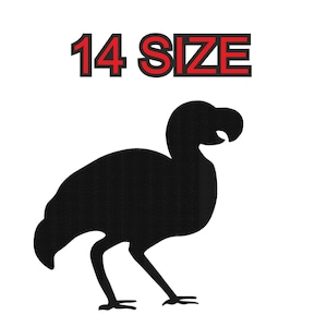 Puede incluir: Silueta negra de un dodo con el texto "14 SIZE" arriba.
