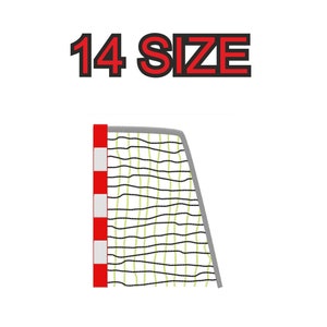 Peut inclure: Un but de handball avec un filet noir et un poteau rayé rouge et blanc. Le texte "14 SIZE" est affiché en lettres rouges avec un contour noir au-dessus du but.