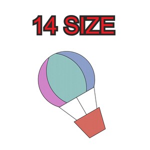 Può includere: Illustrazione di una mongolfiera con un cesto rosso e un pallone multicolore nei toni del blu, verde e rosa. Il testo "14 SIZE" è visualizzato sopra il pallone in rosso e nero.
