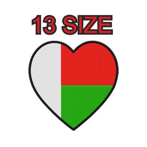 May include: A heart-shaped embroidered patch featuring the flag of Madagascar with a white vertical stripe on the left and horizontal red and green stripes on the right. The text 13 SIZE is printed in black with a red outline above the heart.