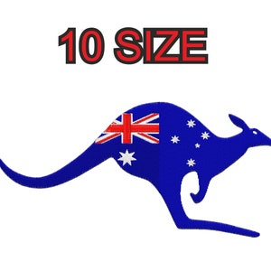 Peut inclure: Un patch brodé représentant une silhouette de kangourou bleue avec le drapeau australien sur son dos. Le drapeau est rouge, blanc et bleu avec une étoile blanche au centre. Le texte "10 SIZE" est au-dessus du kangourou.