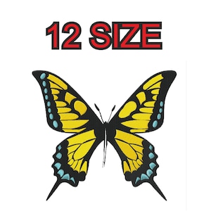 Peut inclure: Un papillon jaune avec des ailes noires et des accents bleus. Le papillon est centré sur un fond blanc. Le texte "12 SIZE" est au-dessus du papillon.