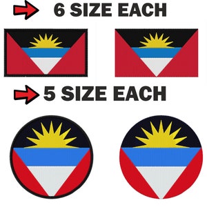 Op de afbeelding: Zes geborduurde patches van de vlag van Antigua en Barbuda in verschillende maten, en vijf ronde geborduurde patches van de vlag van Antigua en Barbuda in verschillende maten.