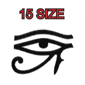 Puede incluir: Diseño bordado en blanco y negro del Ojo de Horus, un símbolo egipcio antiguo. El diseño está disponible en 15 tamaños.