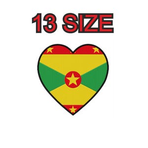 May include: A heart-shaped design featuring the flag of Grenada. The flag is yellow, green, and red with a circle in the center containing a five-pointed star. The heart is outlined in black. The text "13 SIZE" is above the heart.