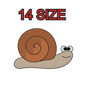 Peut inclure: Un escargot de dessin animé avec une coquille brune et un visage souriant. L'escargot est sur un fond blanc avec le texte "14 SIZE" en rouge.
