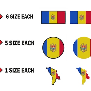 以下が含まれることがあります： モルドバの国旗が6つの異なるサイズ、モルドバの国旗が描かれた円が5つの異なるサイズ、モルドバの国旗が描かれたモルドバ国の輪郭が2つの異なるサイズが1つずつあります。