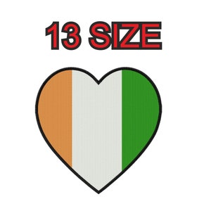 Peut inclure: Un motif en forme de cœur aux couleurs du drapeau irlandais : orange, blanc et vert. Le texte « 13 SIZE » est au-dessus du cœur.