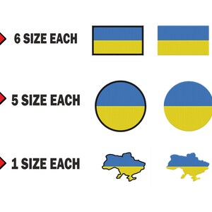 Puede incluir: Seis pegatinas de bandera ucraniana de forma rectangular, cinco de forma circular y una con la forma del país de Ucrania. El texto "6 tamaño cada uno", "5 tamaño cada uno" y "1 tamaño cada uno" se muestra junto a cada conjunto de pegatinas.