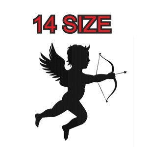 Peut inclure: Silhouette noire d'un cupidon avec des ailes, tenant un arc et une flèche. Le texte "14 SIZE" est au-dessus de l'image.