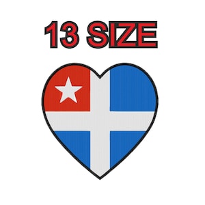 May include: A heart-shaped patch featuring the Cuban flag in red, white, and blue. The patch has a white star in the red section of the flag. The text "13 SIZE" is above the patch.