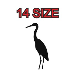 Peut inclure: Silhouette noire d'un héron avec le texte "14 SIZE" au-dessus.