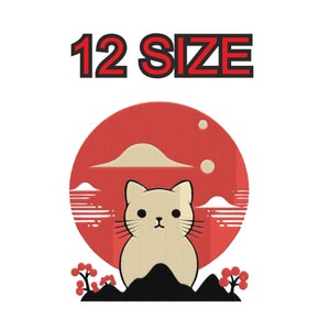 Embroidery design cat japan cute kawaii sun Multiple size silhouette patch instant download files patterns digital machine stitch  pes dst…
