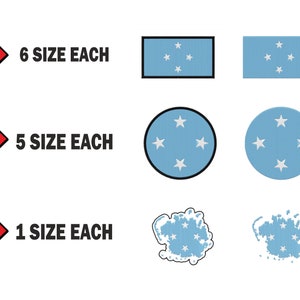 May include: A set of six Micronesia flag stickers in various shapes and sizes. The stickers are in a rectangular, circular, and irregular shape. The flag is blue with five white stars.