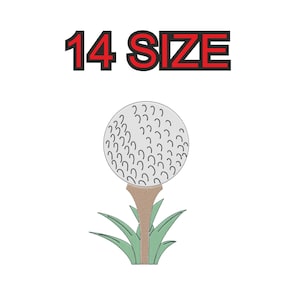 Peut inclure: Une balle de golf blanche avec des alvéoles sur un tee brun avec de l'herbe verte. Le texte "14 SIZE" est au-dessus de la balle de golf.
