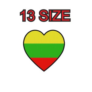 May include: A heart-shaped patch with the colors of the Lithuanian flag: yellow, green, and red. The text "13 SIZE" is above the heart.