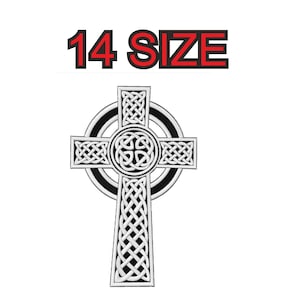 May include: A black and white Celtic cross with intricate knotwork design. The cross is surrounded by a circle with a black and white pattern. The text "14 SIZE" is written in red above the cross.