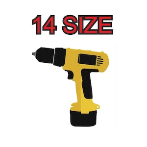 Może przedstawiać: Żółto-czarna wiertarka bezprzewodowa z czarnym uchwytem i czarną baterią. Wiertarka jest oznaczona "14 SIZE".
