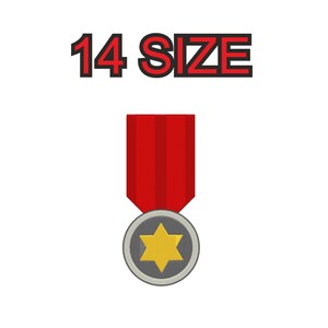 May include: A silver medal with a yellow six-pointed star in the centre. The medal is attached to a red ribbon with 14 SIZE written above.