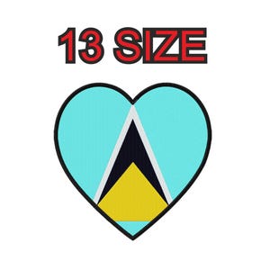 May include: A heart-shaped embroidered patch featuring the flag of Saint Lucia with a light blue background, a yellow triangle, a black triangle, and white borders. The text 13 SIZE is printed in black with a red outline above the heart shape.