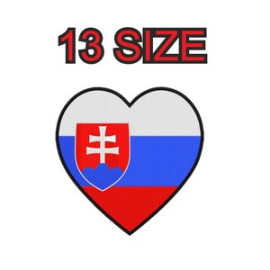Peut inclure: Un patch en forme de cœur rouge, blanc et bleu avec le drapeau slovaque à l'intérieur. Le texte "13 SIZE" est au-dessus du cœur.