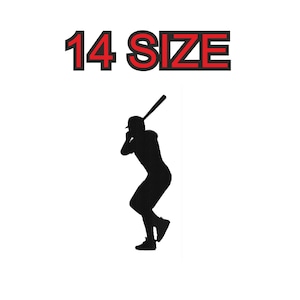 Peut inclure: Silhouette d'un joueur de baseball en position de frappe, tenant une batte. Le texte "14 SIZE" est au-dessus du joueur.