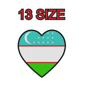 May include: A heart-shaped embroidered patch featuring the flag of Uzbekistan with a light blue top stripe, a white middle stripe, and a green bottom stripe, separated by thin red lines. The text 13 SIZE is printed in black above the heart.