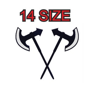 Peut inclure: Deux haches noires avec des lames blanches sont croisées au centre de l'image. Le texte "14 SIZE" est au-dessus des haches en rouge.